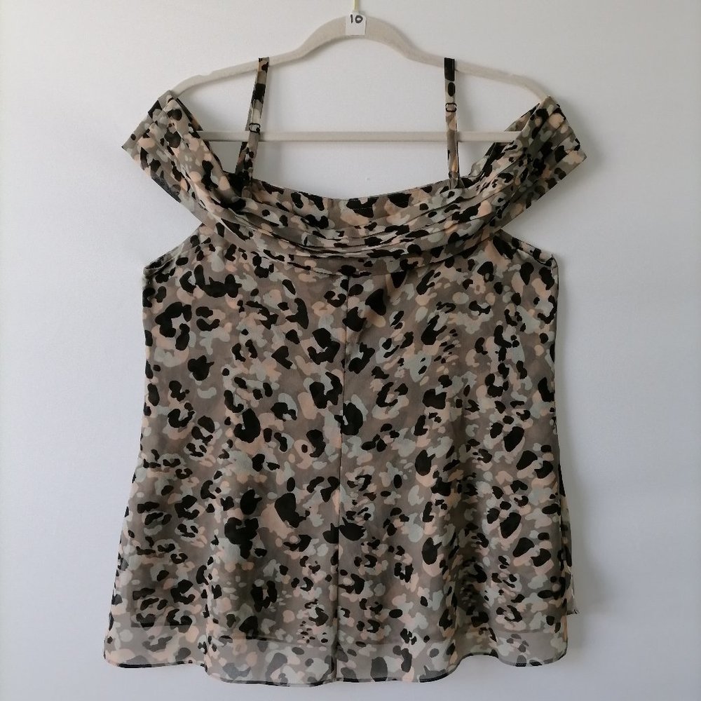 CAbi Tiered Top Multi Color Camo Animal Print Cold Shoulder Top 5360 Size S